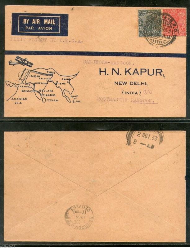 India 1933 Calcutta - Rangoon / Burma I.T.C.A First Flight Cover RARE # 13386