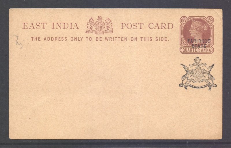 East India Faridkot State Pre-Paid Postcard unused