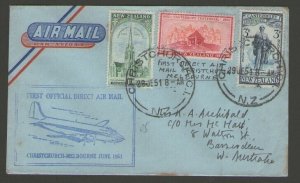 New Zealand 1951 First Officila Direct Ait mail Christchurch - Melbourne