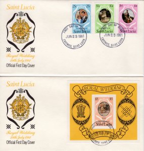 St.Lucia 1981 Sc#543/546 DIANA WEDDING Set (3) +1 S/S FDC (2) Unaddressed