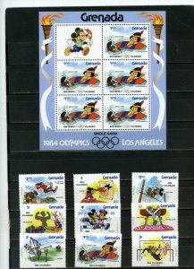 GRENADA 1984 DISNEY OLYMPICS LOS ANGELES SET OF 9 STAMPS & SHEET MNH 