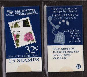 1995 Pink ROSES 32c BK178A makeshift booklet of 15 stamps Sc 2492b (UR