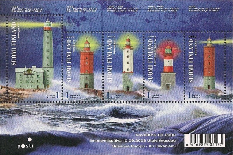 Finland 2003 Lighthouses of Finnish gulf Baltic set of 5 stamps in block MNH