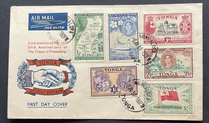 TONGA GVI SG95-100, 1951 50th anniv set on illustrated FDC, FINE USED. Cat £23.