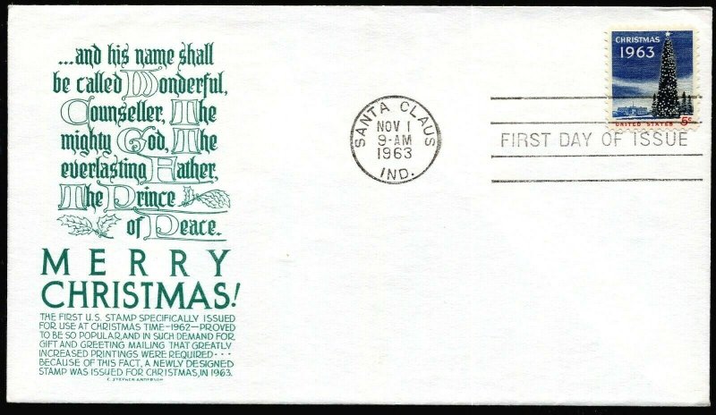 1240 5c Christmas 1963 FDC Anderson green cachet Nov 1, 1963 