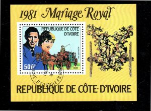 IVORY COAST #596 1981 PRINCE CHARLES & LADY DIANA MINT  VF LH  O.G  S/S  CTO  b