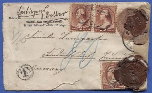 US 1887 Sc 210 (3) on 2c Stationery cover,  Shortpaid from Colorado to Germany