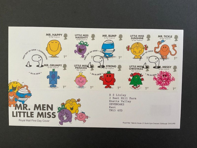 GB QEII 2016 Mr. Men Little Miss Set on First Day Cover with Cleckheaton S/H/S