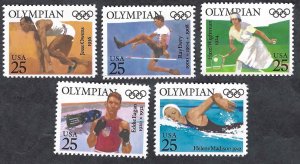 United States #2496-2500 25¢ Olympians (1990). Five singles. MNH