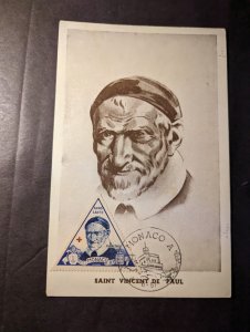 1951 Monaco Portrait Maxi Postcard Cover Saint Vincent De Paul Religious Priest