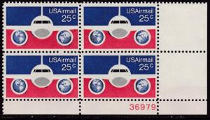 United States 1974  25cent Plane & Globe Plate Number Block VF/NH