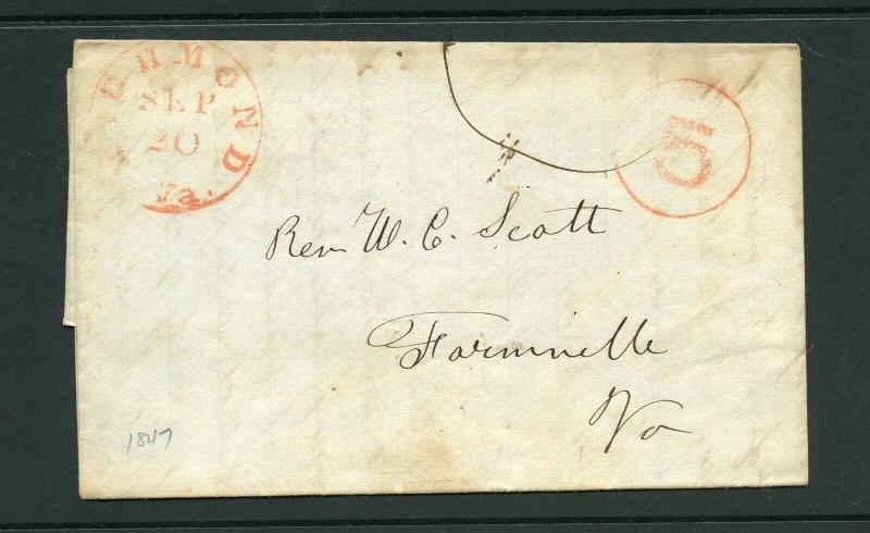 UNITED STATES 1847 RED RICHMOND VA   STAMPLESS  COVER WITH RED 5 IN CIRCLE