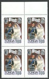 TONGA 1982 Cyclone Relief opt on Diana WSedding block of 4 MNH.............64877