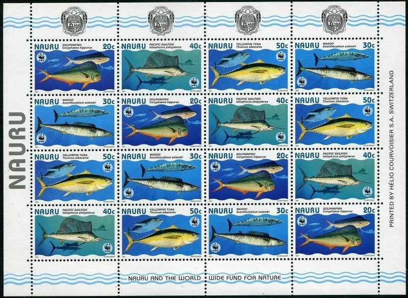 Nauru 443 sheet/4 ad strips,MNH. WWF 1997.Dolphinfish,Wahoo,sailfish,tuna 