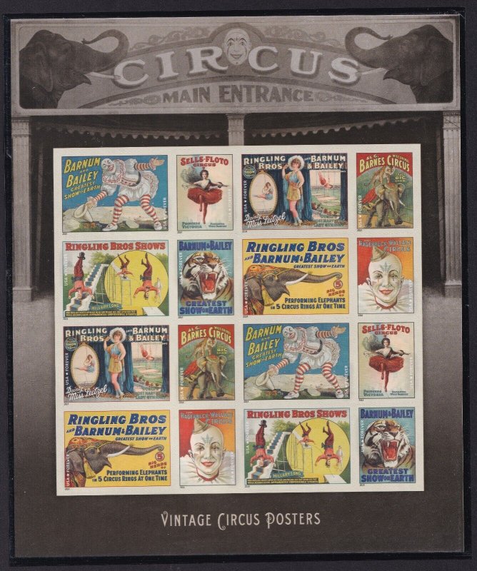 Scott #4898-4905a Vintage Circus Posters Sheet of 16 Stamps MNH in unused mount