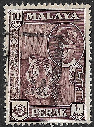 MALAYA PERAK 1957-61 10c TIGER Pictorial Issue Scott No. 132 VFU