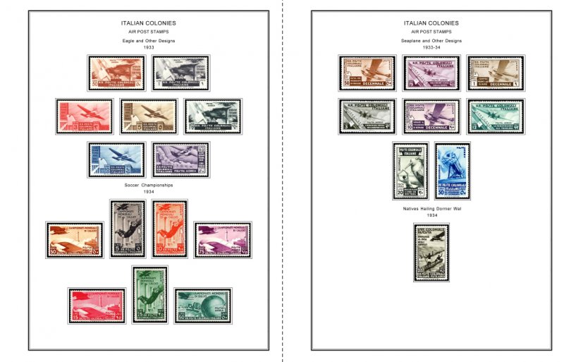 COLOR PRINTED ITALIAN COLONIES 1932-1934 STAMP ALBUM PAGES (8 illustrated pages)
