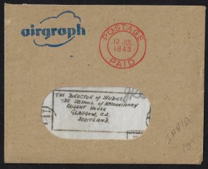 INDIA TO SCOTLAND 1943 WAR TIME AIR GRAPH LETTER FROM CORPORAL INDIA COMMAND