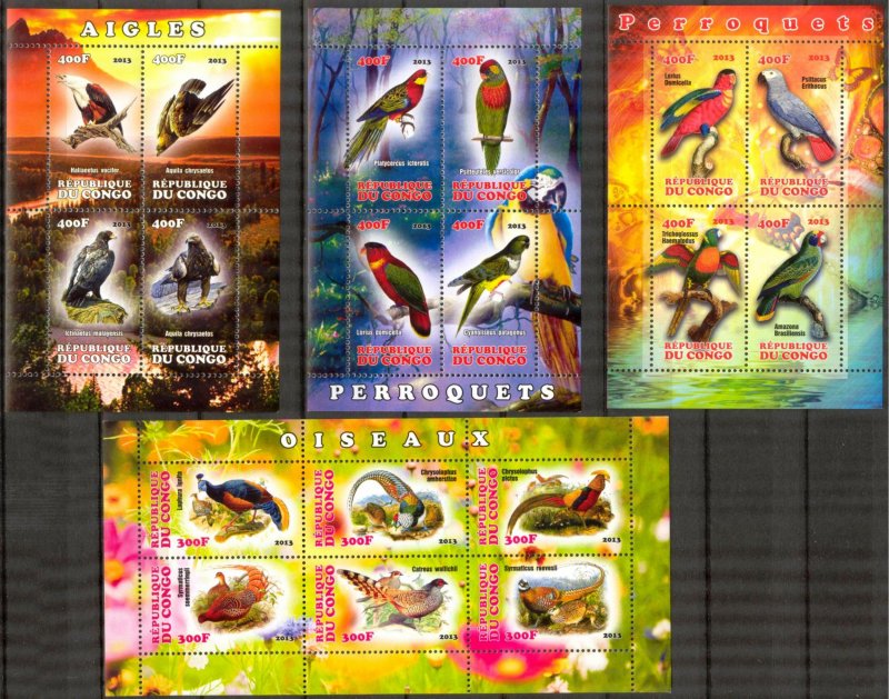 Congo 2013 Birds Paradise Eagles Parrots 4 sheets MNH Cinderella {b25}