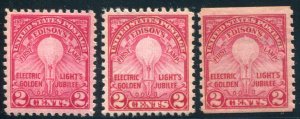 654-656 Edison's First Lamp 2¢  MNH 1928 Set of 3 Flat Plate, Rotary, Coil