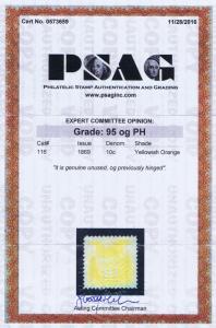 SC# 116 UNUSED OG PH 10c EAGLE, 1869, PSAG CERT GRADED XF S 95 WOW