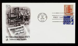 FIRST DAY COVER #1593 Freedom of the Press 11c + #1393D 7c ARTCRAFT U/A FDC 1975