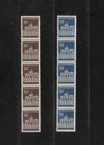 Germany Stamps: #952 & 955; Strips of 5 with Back Number (From Coils); MNH