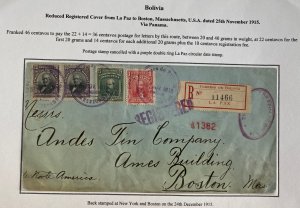 1915 La Paz Bolivia Registered Reduced Cover To Boston MA USA