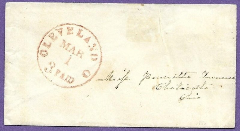 CLEVELAND O, c1851 - STAMPLESS COVER TO CHILICATHE,  NO CONTENT. LADIES SIZE, VF