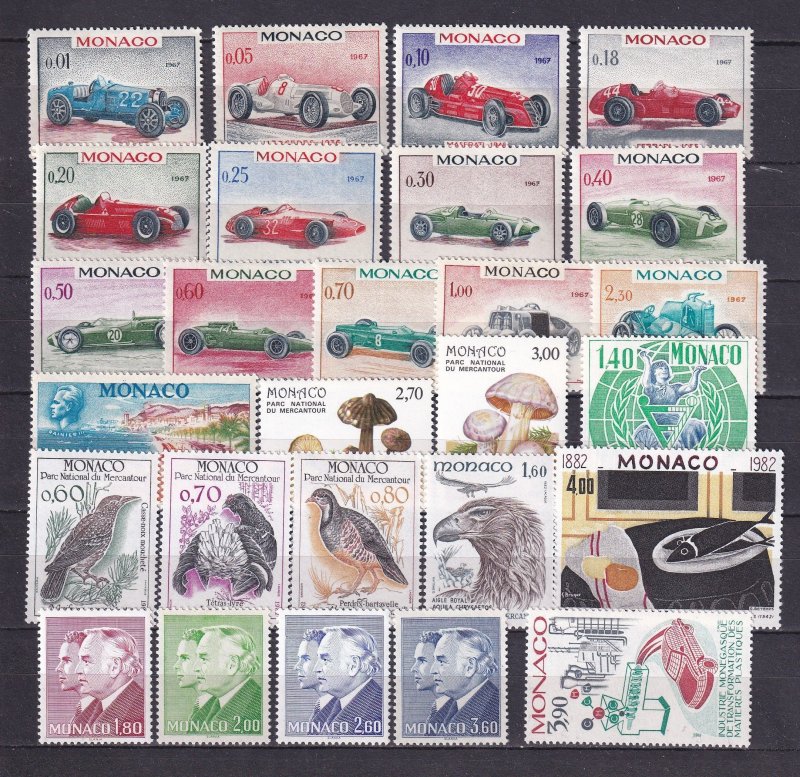 Monaco Racing Cars Birds Mushrooms Stamps Lot MNH.