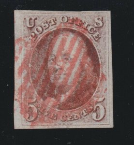 US 1 5c Franklin Used w/ Red Grid Cancel 4 Margin w/ PF Cert VF SCV $350