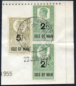 Isle of Man KGVI 5/- and 2 x 2/- Key Plate Type Revenues CDS on Piece