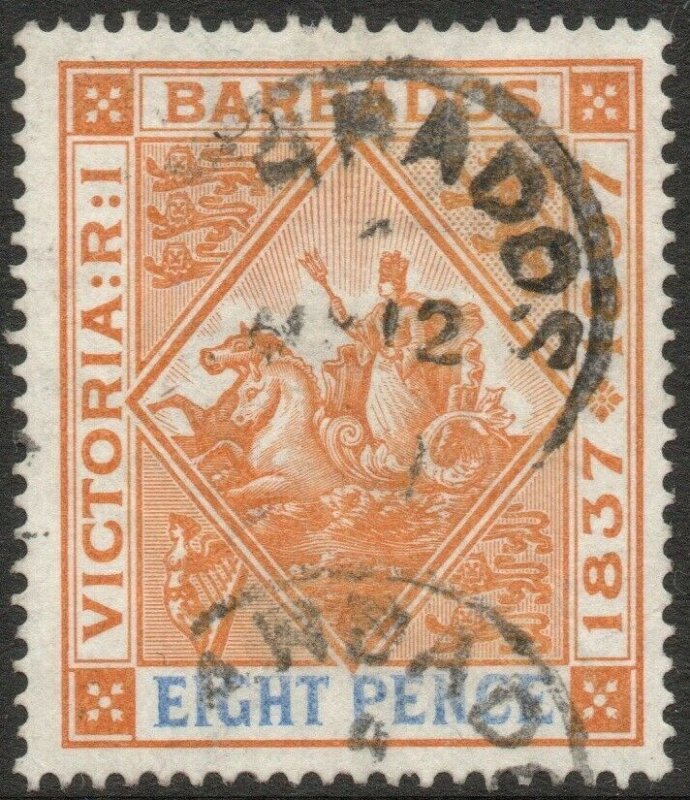 BARBADOS-1897-98 Jubilee 8d Orange & Ultramarine Sg 122 GOOD USED V46328