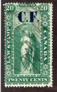 van Dam OL3, 20c used, C.F. o/p, ms cancel, Ontario Law Revenue Stamp, Canada