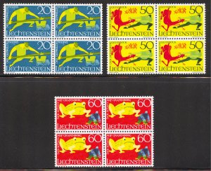 Liechtenstein Scott 458-60 MNHOG Blocks of 4 -1969 Fairy Tales Issue - SCV $4.80