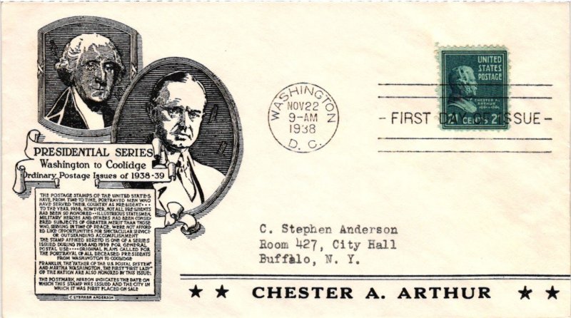 #826 Chester Arthur Prexie Presidential – Anderson Cachet Addressed to Ande...