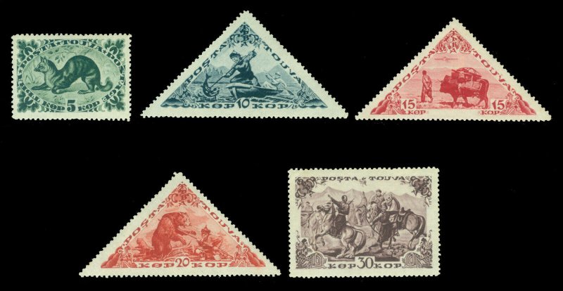 TANNU TUVA (Russia) 1941  PICTORIALS colors changed Sc#99-103 (Mi 123-127)  MNH