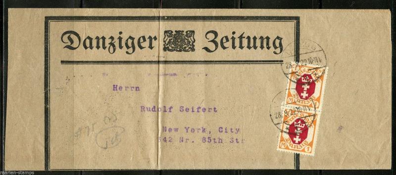 DANZIG 1922 NEWSPAPER WRAPPER OF DANZIGER ZEITUNG VERT PR SC#73 CORRECT POSTAGE