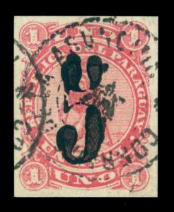 PARAGUAY 1878 LION  Black SURCHARGE handstamp  5c /1r rose Scott # 4 USED  VF