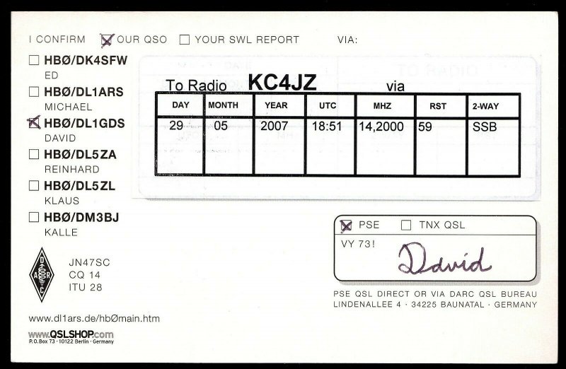 QSL QSO RADIO CARD Liechtenstein DXpedition 2007,David, (Q2999)