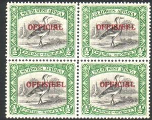 SOUTH WEST AFRICA 1945-50 ½d OFFICIAL block of 4 MNH SG018 cat £26........25641y