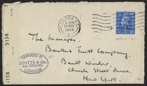 UK GB 1943 CENSORED COVER WITH PERFIN C COURIER SEAL COUTTS & CO LONDON TO NEW Y