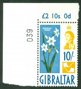 SG 172 Gibraltar 1960. 10/- yellow & blue corner marginal example. Unmounted...