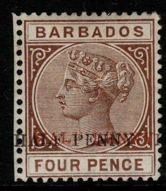 BARBADOS SG104b 1892 ½d on 4d DEEP BROWN SURCHARGE DOUBLE MTD MINT