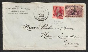 USA SCOTT #220c DOUBLE CAP & 231 STAMPS MYSTIC PRINT MASSACHUSETTS AD COVER 1893