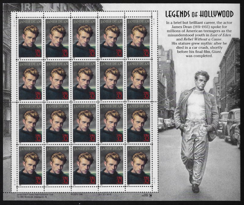 USA SC#3082 Legends of Hollywood -  James Dean Full Sheet (1996) MNH
