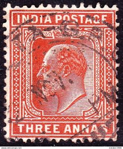 INDIA 1902 KEDVII 3 Anna's Orange-Brown SG127 Used