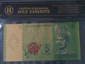 MALAYSIA-2010-24 KARAT GOLD REPLICA $5 RINGGIT BANK NOTE-WITH CERIFICATE VF