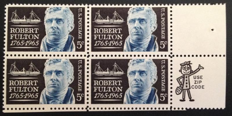 Scott #1270 Robert F. Fulton, the Clermont, MINT, VF, NH Zip Code Block