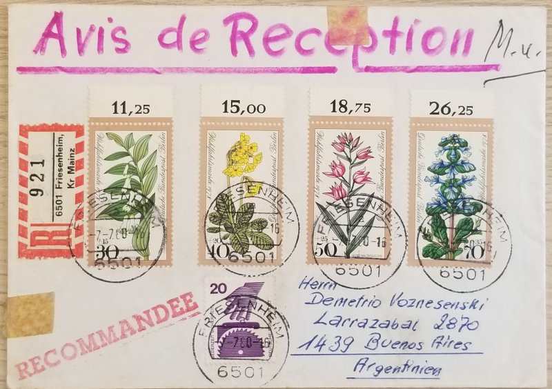 J) 1980 GERMANY, FLOWERS, NOTICE OF RECEIPT, MULTIPLE STAMPS, AIRMAIL, CIRCULATE